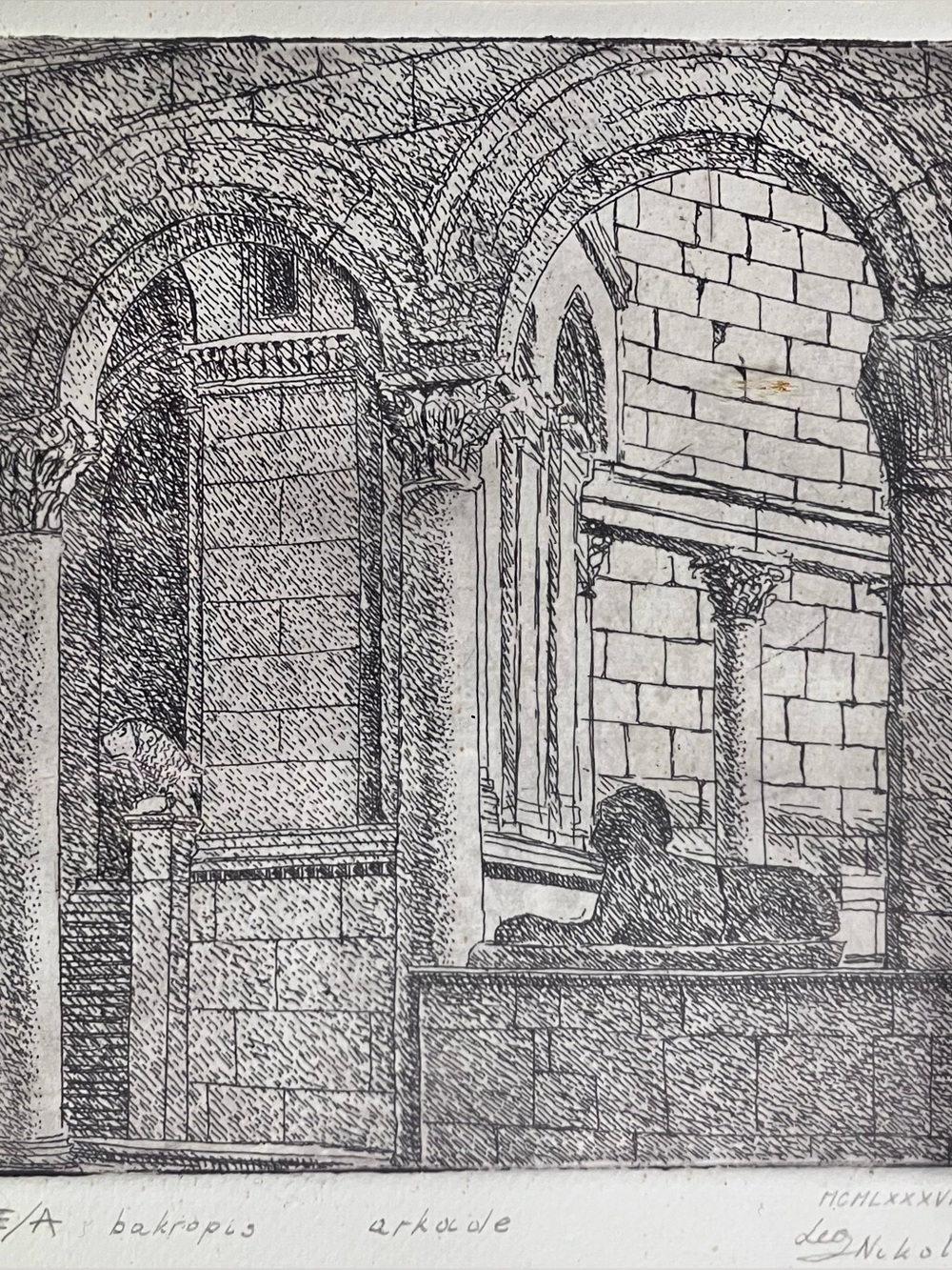 1987 CROATIAN ETCHING / Artist LEO NIKOLIC / Arcade, CATHEDRAL of SAINT DOMNIUS